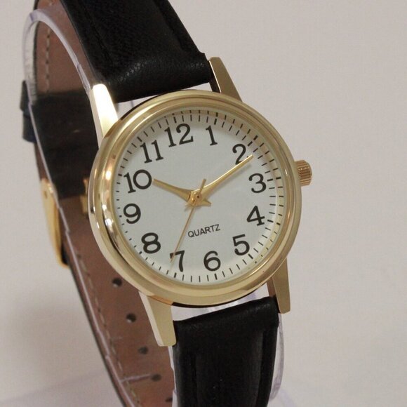 Ladies Easy Reader Dress Quartz Watch Gold-toned Black Strap White Dial 28mm - Picture 5 of 12